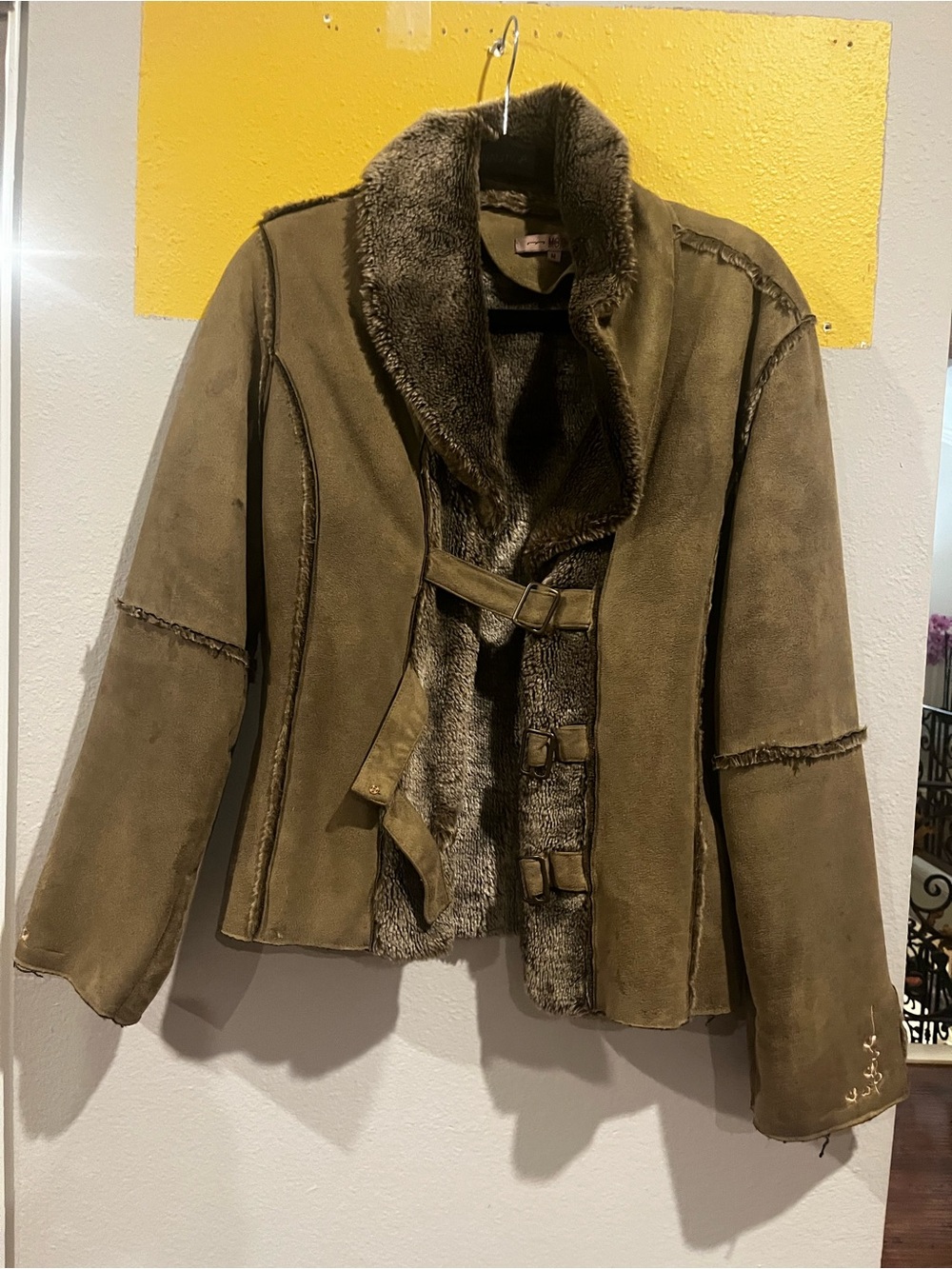Super warm Olive Green Suede Jacket with Faux-Fur Trim